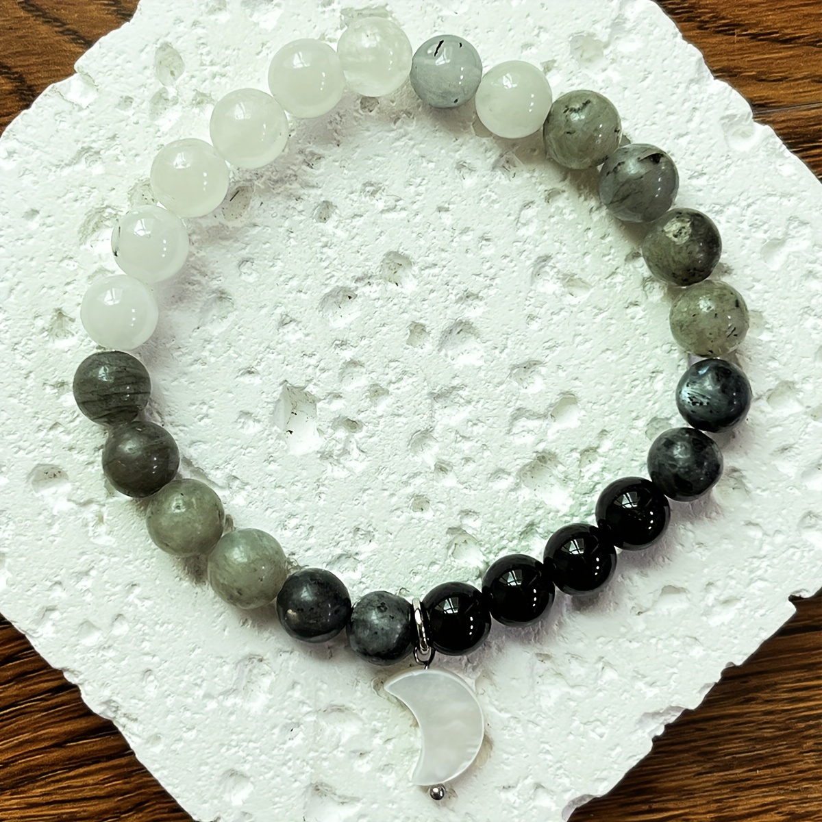 Image of Natural Stone Bracelet 8mm Labradorite Black Hair Round Handmade Beads - Ladies Fashion Bohemian Moon Pendant Bracelet Gorgeous Holiday Gift