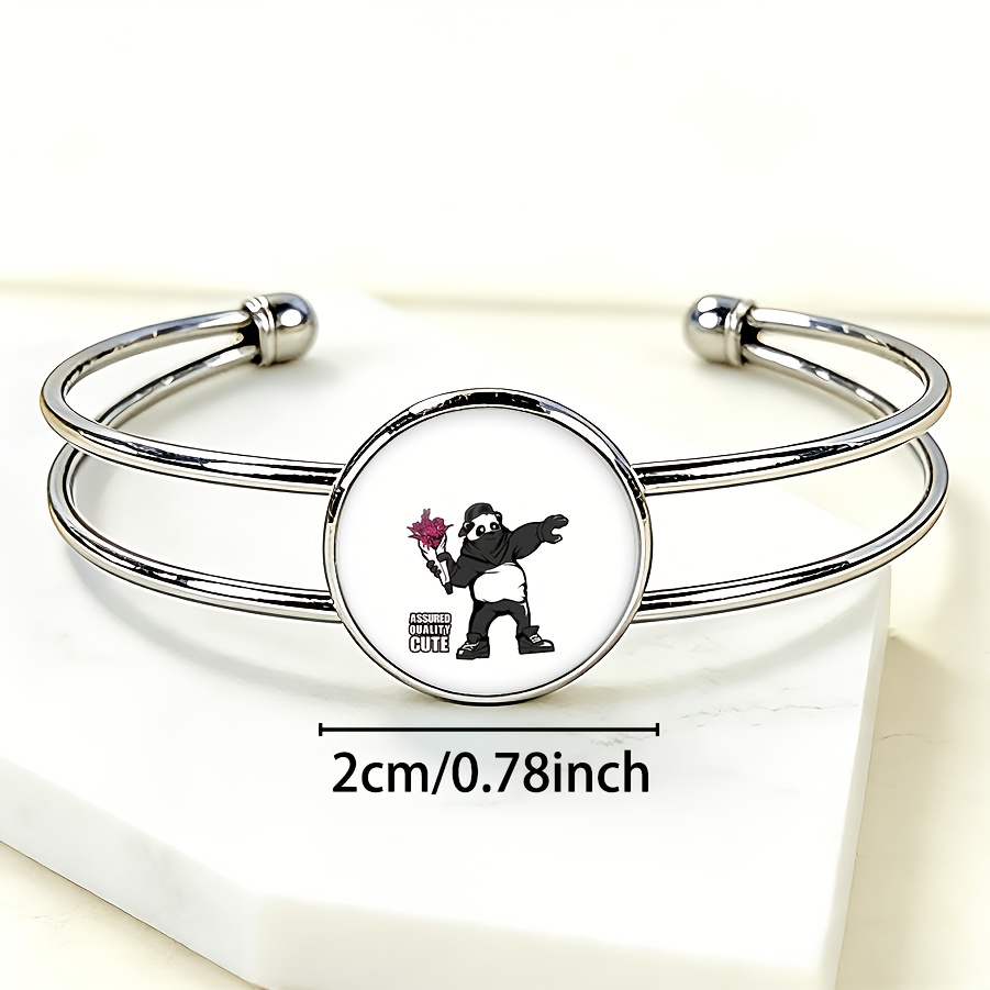 Adjustable Open Bangle with Panda Design and Gemstone Inlay