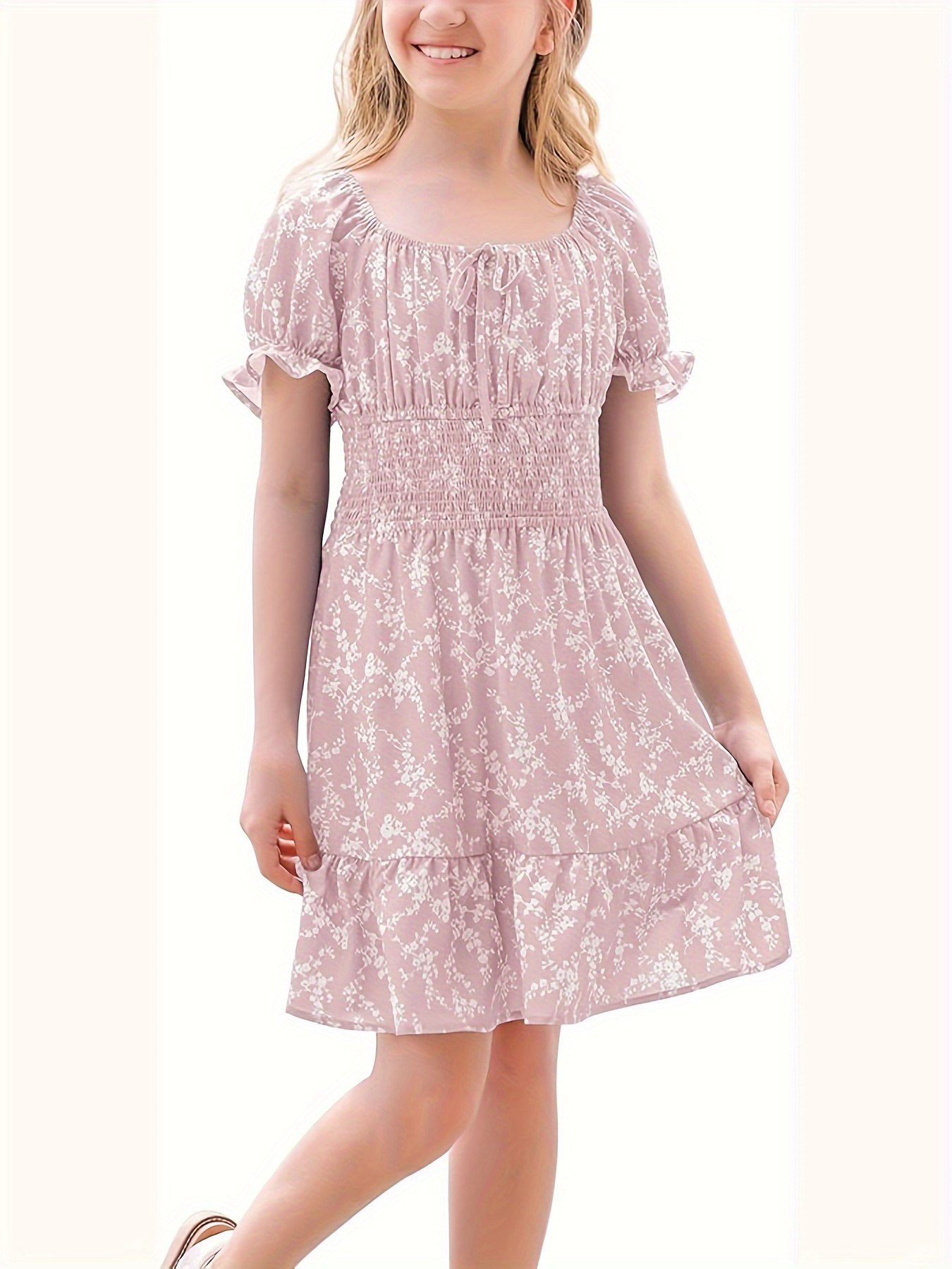Vestido Niña Verano Manga Corta - Estampado Floral, Cuello Recto, Manga Abullonada, Para Fiesta Y Diario