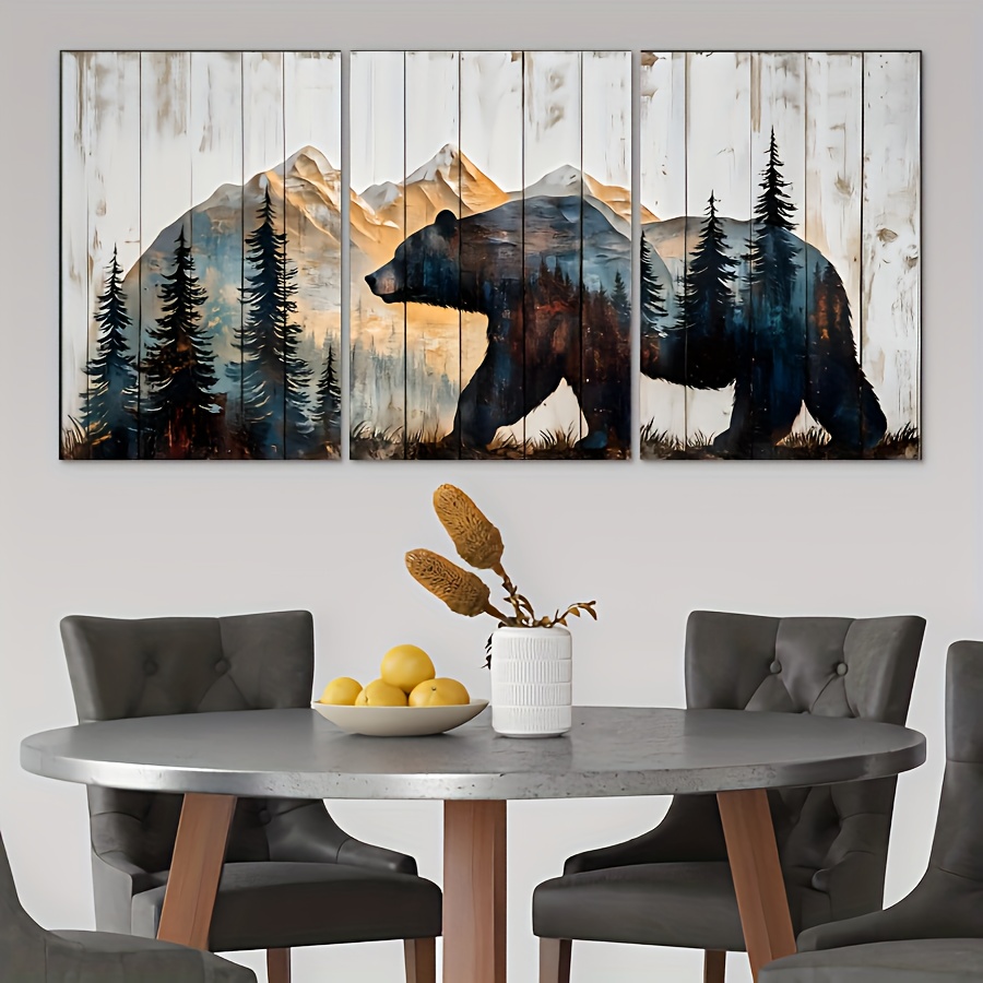 TEMU 2D Plat, Peintures, 3 pièces Toile Encadrée Art Déco Ours Rustique, Peinture Aquarelle Forêt de Fleurs , Poster Moderne Animale, Toile Cadre en
