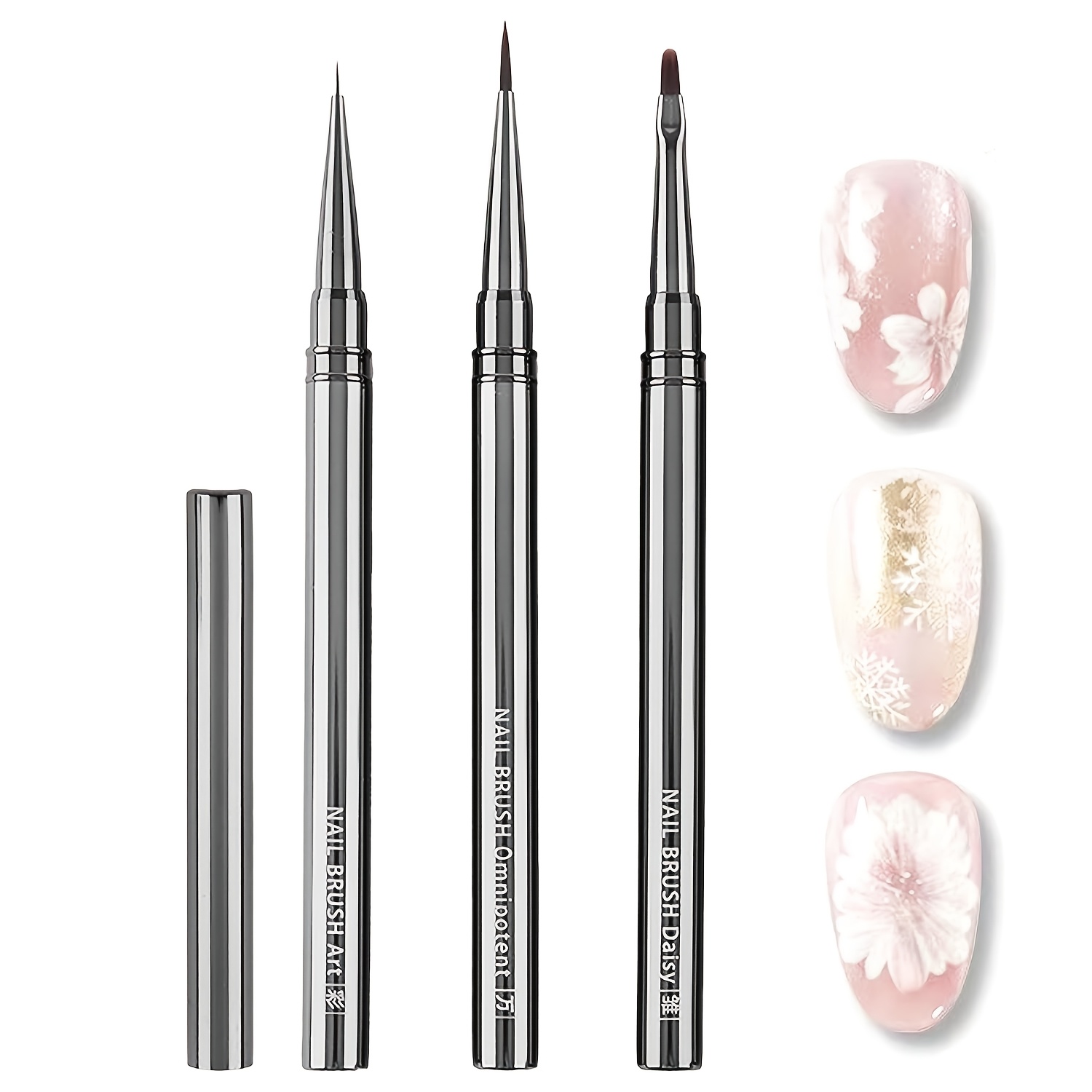 TEMU 3pcs Gun Black Aluminum Handle Nail Art Brushes Set, Daisy Nail Brush, Multifunctional Nail Painting Liner Brush Fine Line Drawing Pen Nail Art