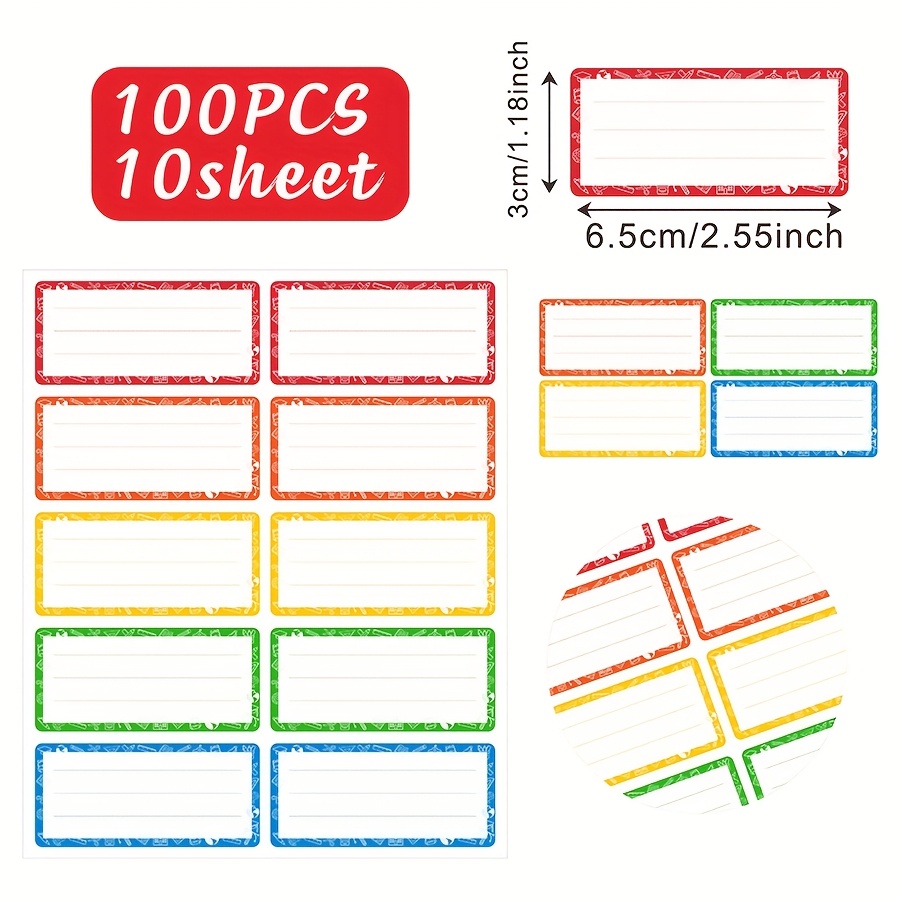 100 Colorful Name Label Stickers, Self-Adhesive Writable Labels