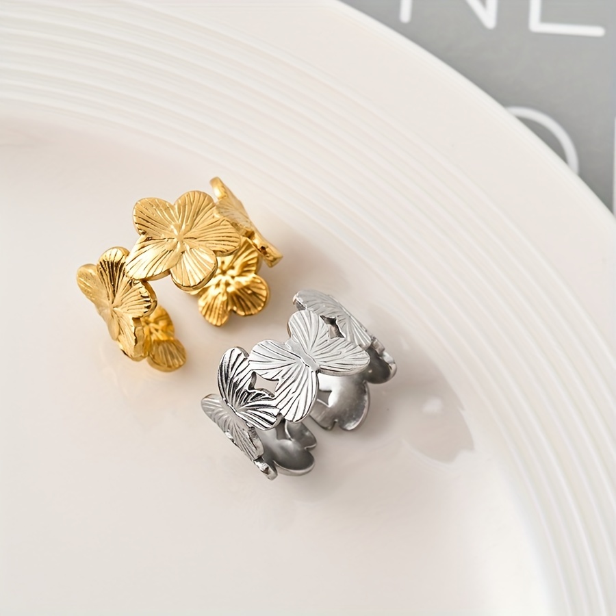 Floral Butterfly Stainless Steel Open Ring - Romantic Gift