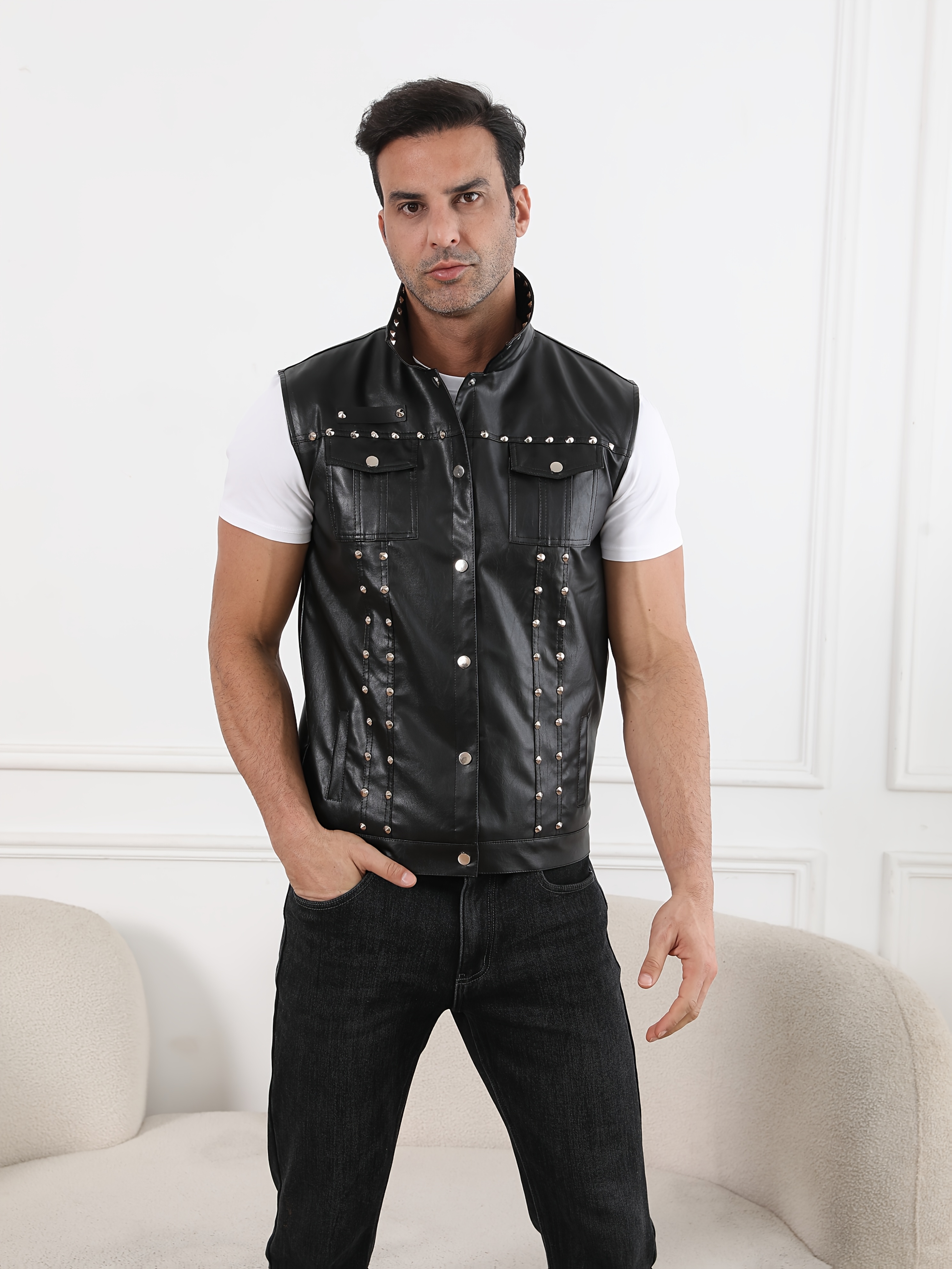 gilet moto élégant homme détails rivets col haut design Temu Belgium