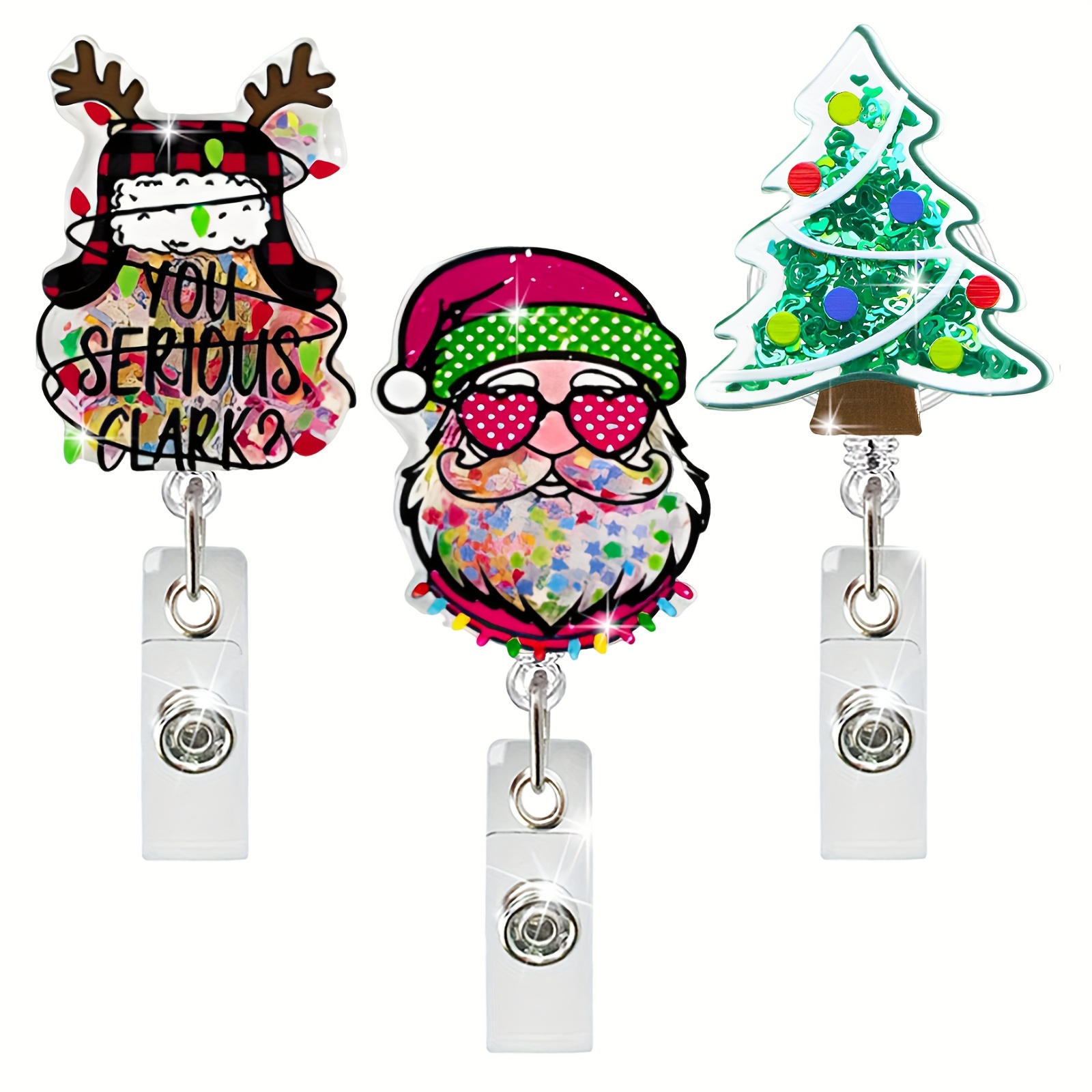 

Festive Christmas Antlers, Trees, And Badge Reel Retractable Glitter Badge Holder With Alligator Clip - Office, School, Students, Nurses, And Doctors