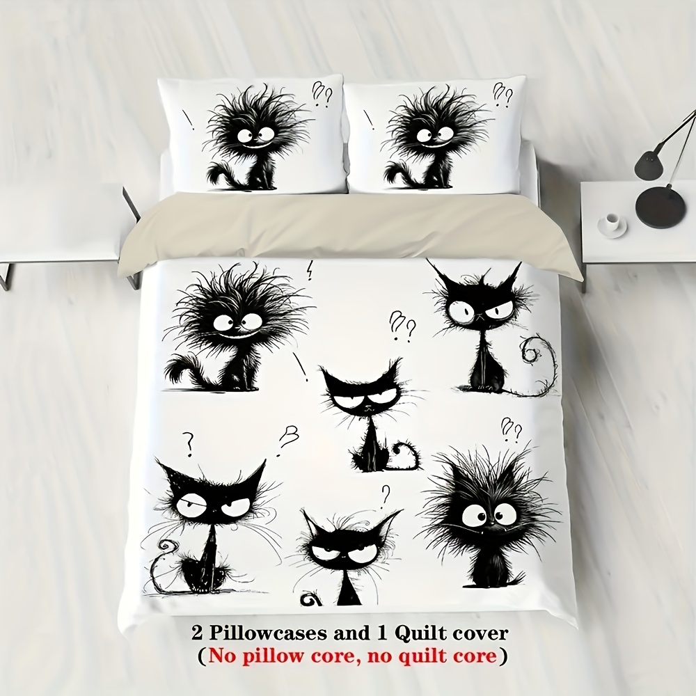 TEMU Ensemble de literie 3 pièces Adorable Chat Cartoon Furieux, fabriqué à partir de polyester et respirant, pour , avec des numériques et une