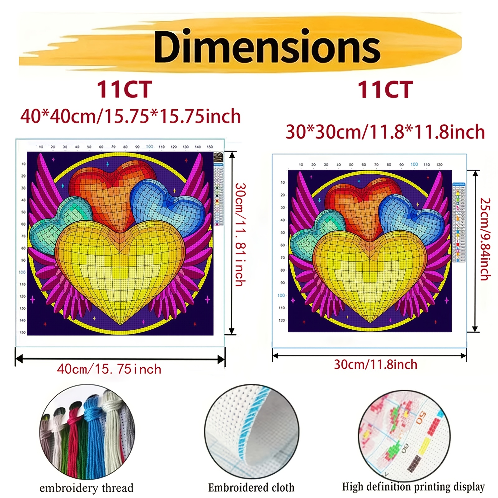 Cross-Stitch Printing Kit, Colorful Winged Grid Heart Design for Beginners