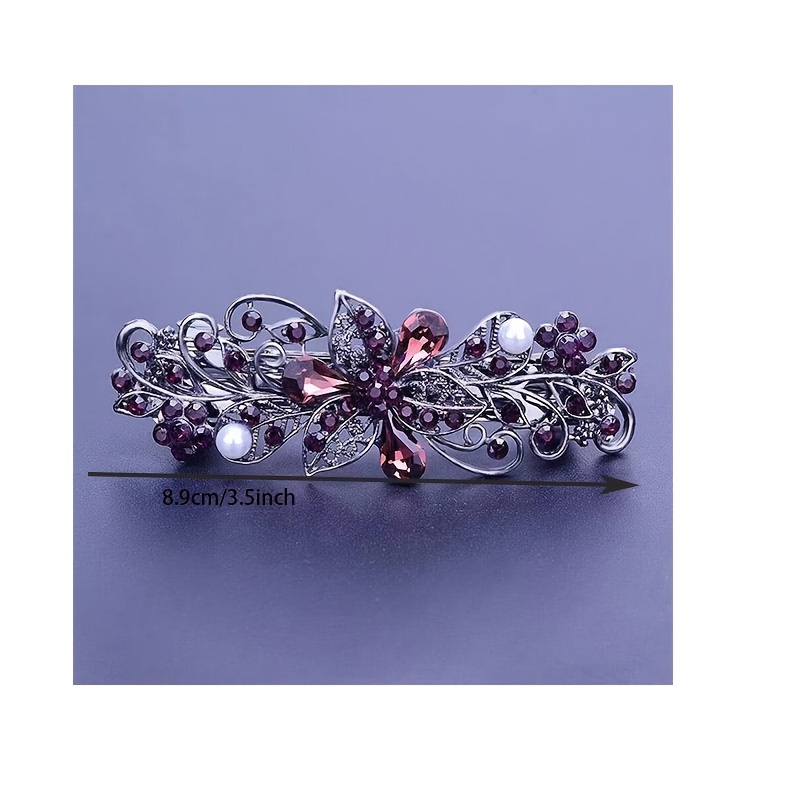 TEMU 1pc Vintage Purple Rhinestone Flower Hair Clip, Elegant Alloy Barrette With Pearl Accent, Non-slip Ponytail Holder For Women, Bridal & Accessory