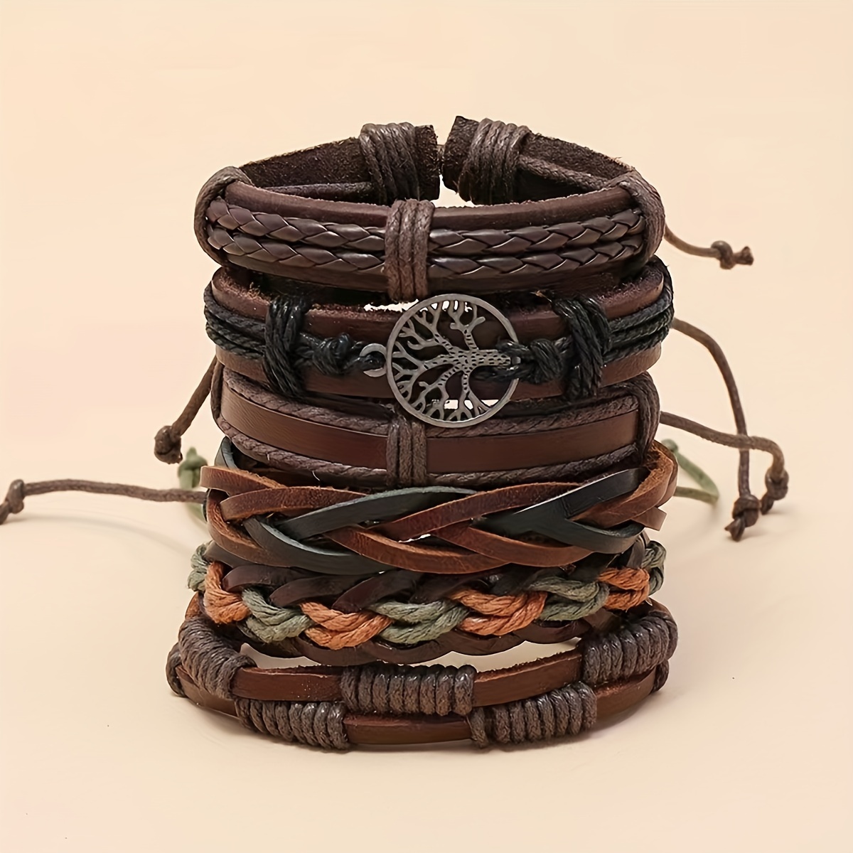 

6 Pcs Braided Leather Bracelets For Men Women Wrist Cuff Bracelet Set Handmade Wrap Wristband Bracelets Adjustable