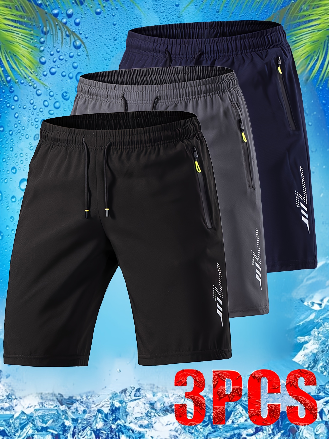 3 Men'S Ice Fiber Fabric Athletic Shorts, Soft And Comfortable Fabric Lightning Print Design, Summer Essential, Fashionable And Trendy Style, Ideal for Holiday Travel, Handsome And Versatile