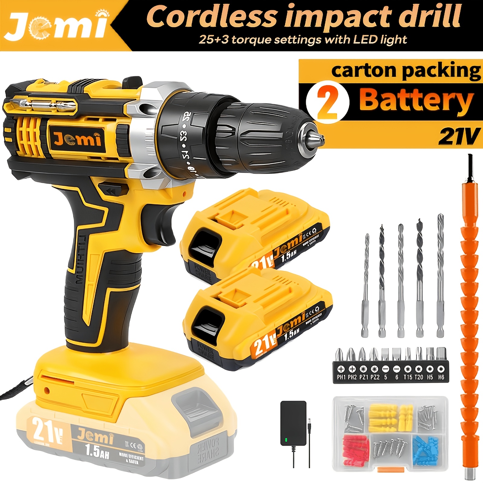 Image of Jemi Tool 21v Electric Screwdriver, Portable Impact Drill, 3-in-1 Electric Drill, With Led Light, 1/2 1.5ah Battery, 45n.m Torque, Suitable For Homework And Other Multiple Purposes