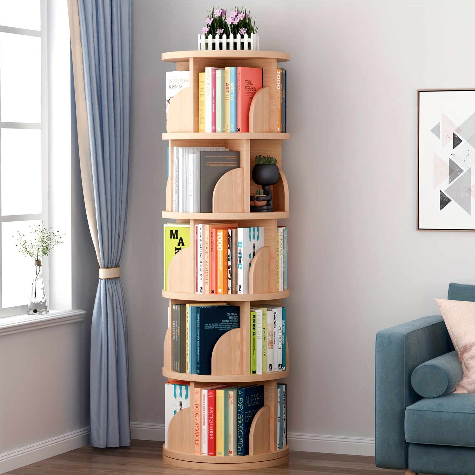 360° Rotating Wooden Book Tower, Spinning Bookshelf with 4/5 Tiers for Office, Living Room, And Room