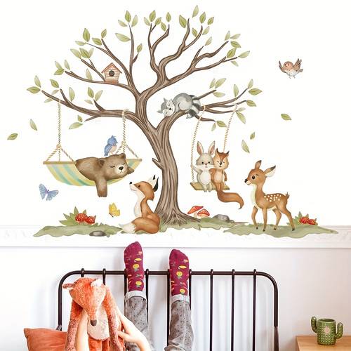 whimsical animal swing wall decal self pvc sticker with bear foxes and deer in cozy tree branch scene for bedroom living room decor