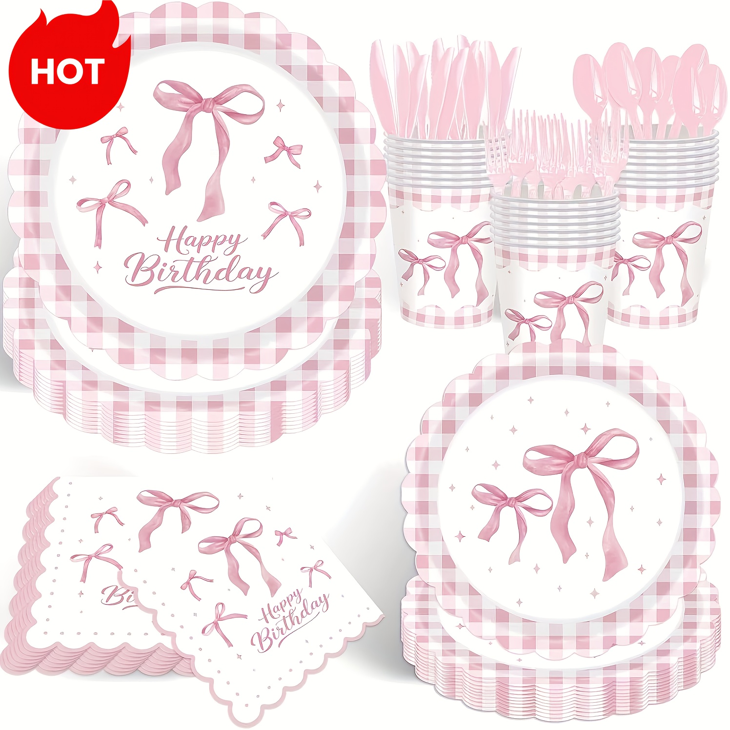 TEMU 140pcs Of Pink Bow-themed Party Supplies, Including Adorable Birthday Plates, Cups, And Cutlery, Ideal For Birthday Celebrations, Bridal Showers, And