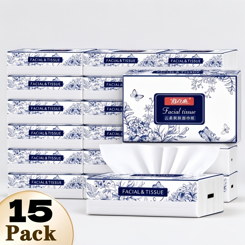 TEMU 15 Paquets au Total de 3750 Feuilles de Papier de Mouchoir , 250 Feuilles par , Papier de Mouchoir Facial de Haute Qualité, Serviettes Jetables