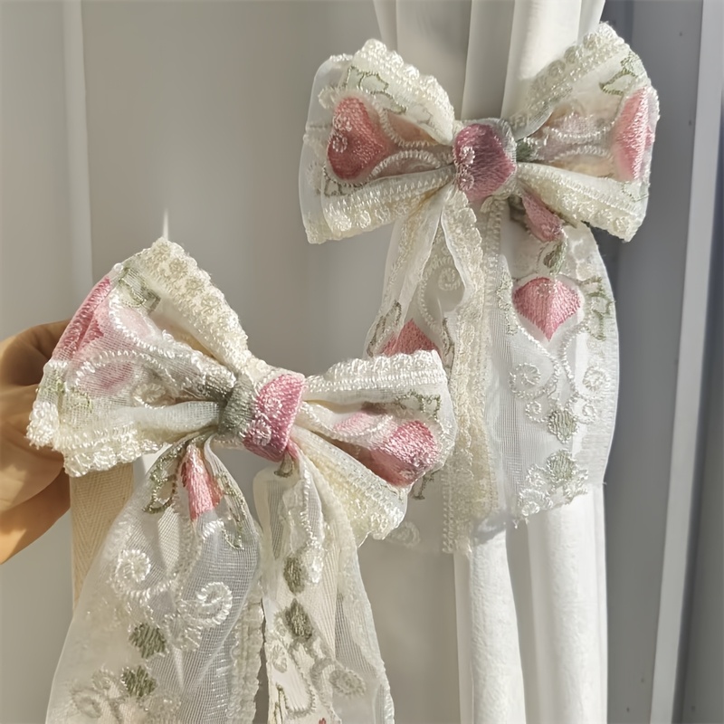 2pcs Lace Heart-embroidered Bow Curtain Tiebacks, Light Luxury Decor, Window Treatment And Accessory Ties