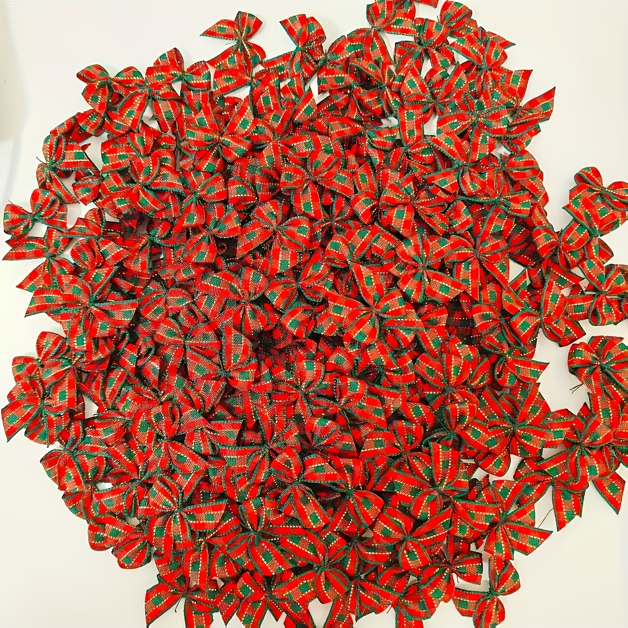 TEMU 50pcs Handmade Mini Christmas Bows - Red, Green, Golden Checkered Gift Packaging Bows With White Edges, All Polyester Fiber, Suitable For Gifts,