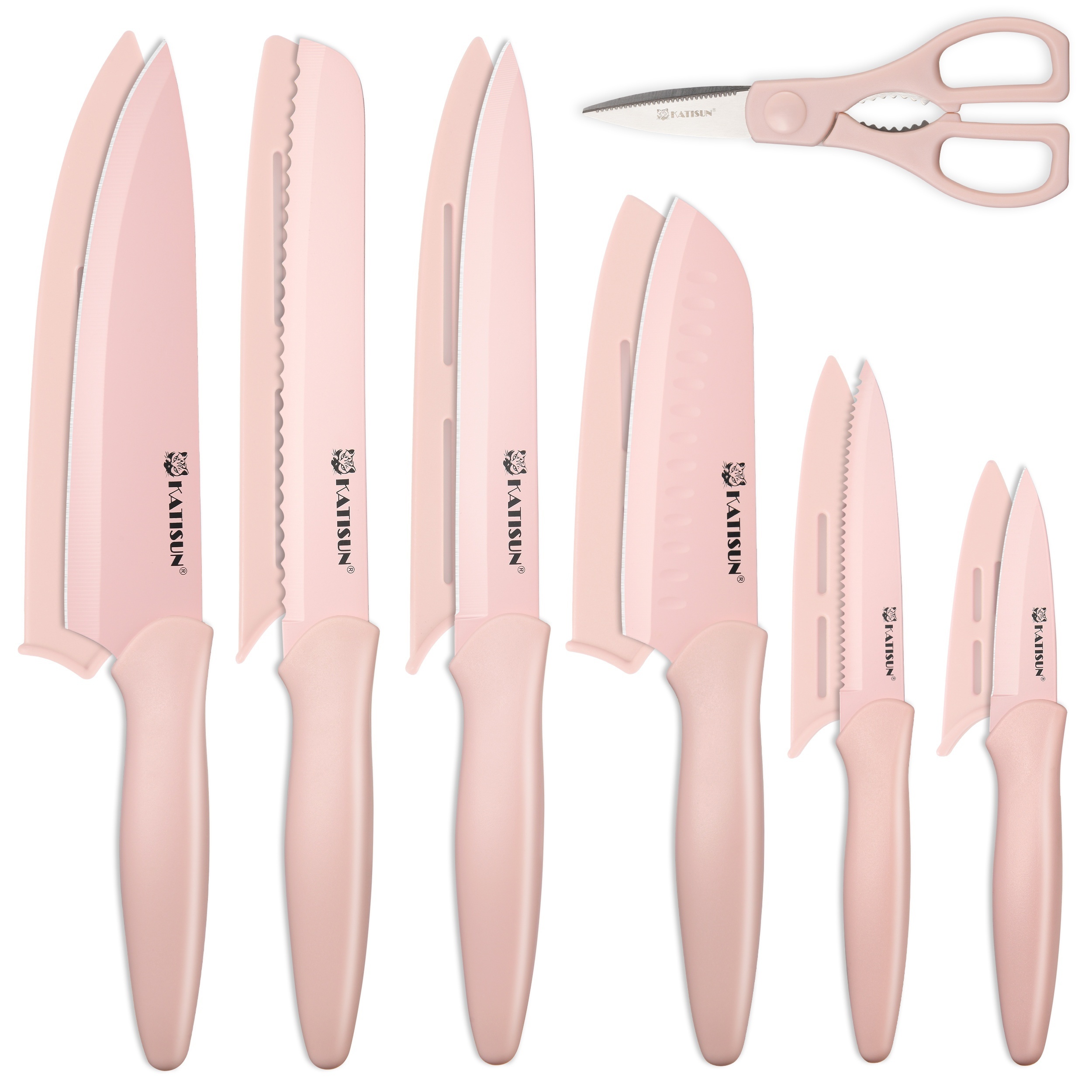 

13 Piece Coating Stainless Steel Knives Set, Anti-rust And Dishwasher Safe, 6 Knives With 6 Blade Covers And Shear