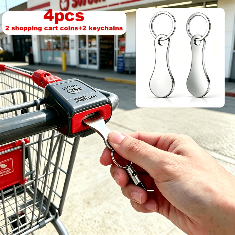 TEMU Lot de 4 jetons pour en acier inoxydable + porte-clés – Pièces porte-clés -perte pour chariot de supermarché, outil de déverrouillage portable