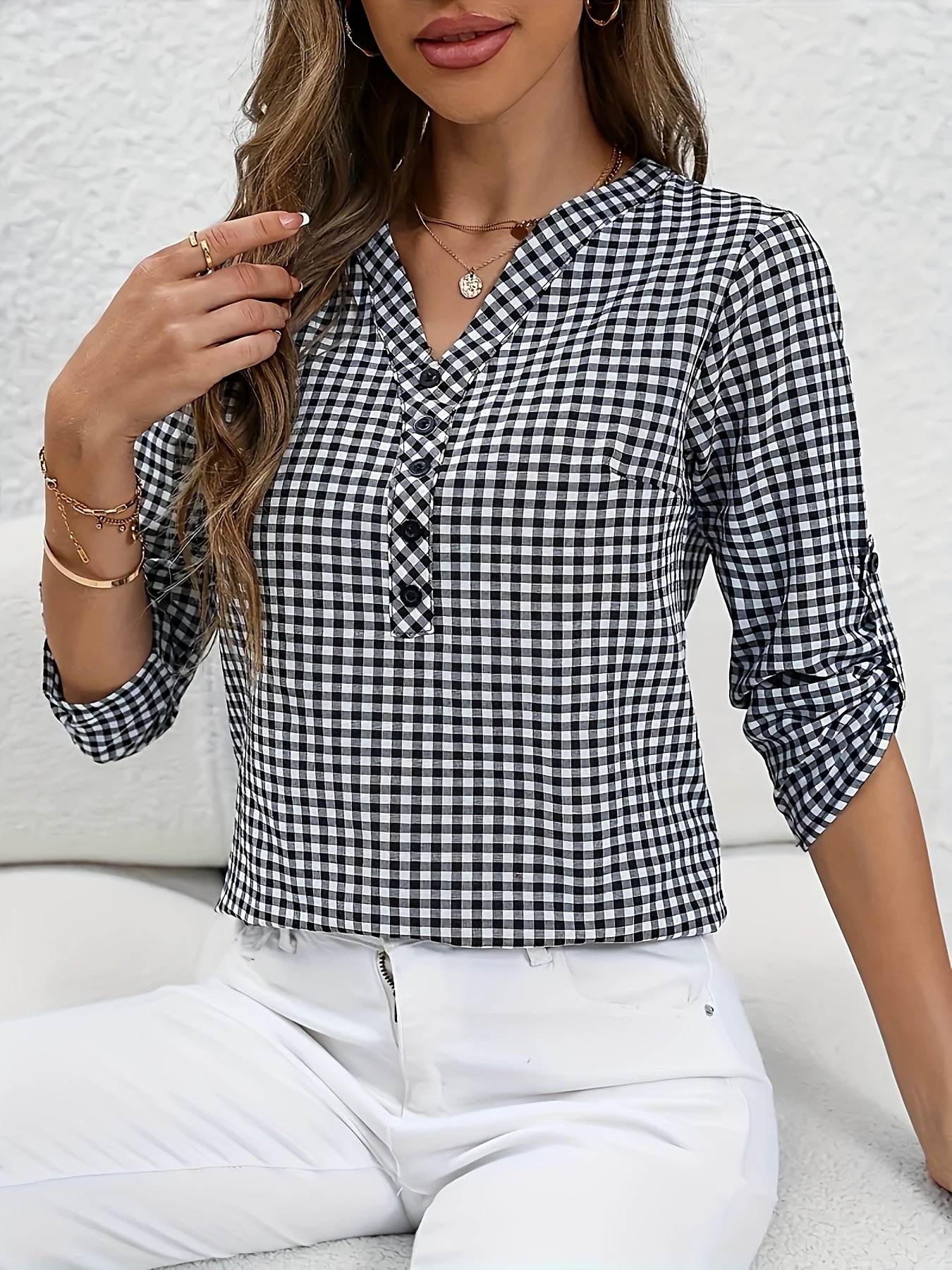 Camicetta Camicia Maniche Lunghe Arrotolate Bluosa Casual A Quadri
