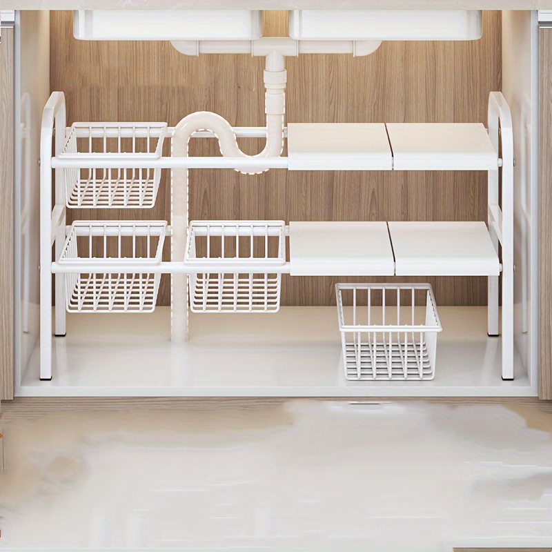 1 set of expandable sink storage rack with detachable baskets   adjustable shelf storage rack cabinet rack single double layer structure suitable for kitchen bathroom office organization storage floor standing multi functional bracket kitchen accessories can store  
