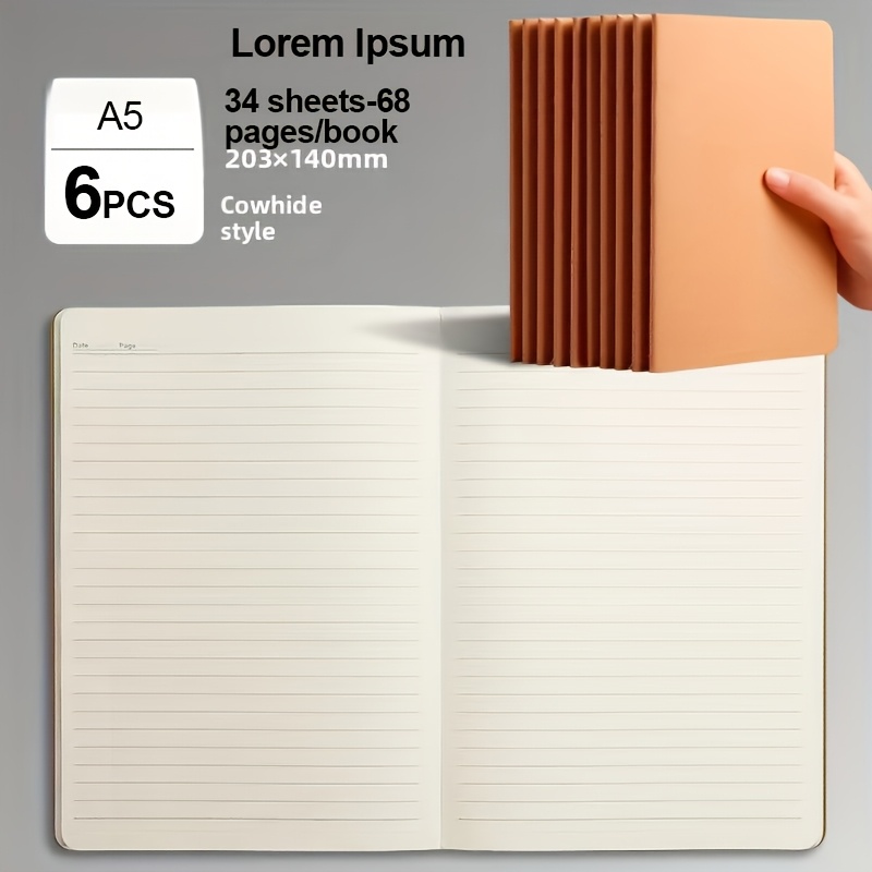 TEMU 6-pack Notebooks, Journals In Bulk, Lined Inner Paper Sketchbooks, 68 Pages, 34 Sheets, 80gsm, A5 Size, Travel Journal Set, For Gifts And Office