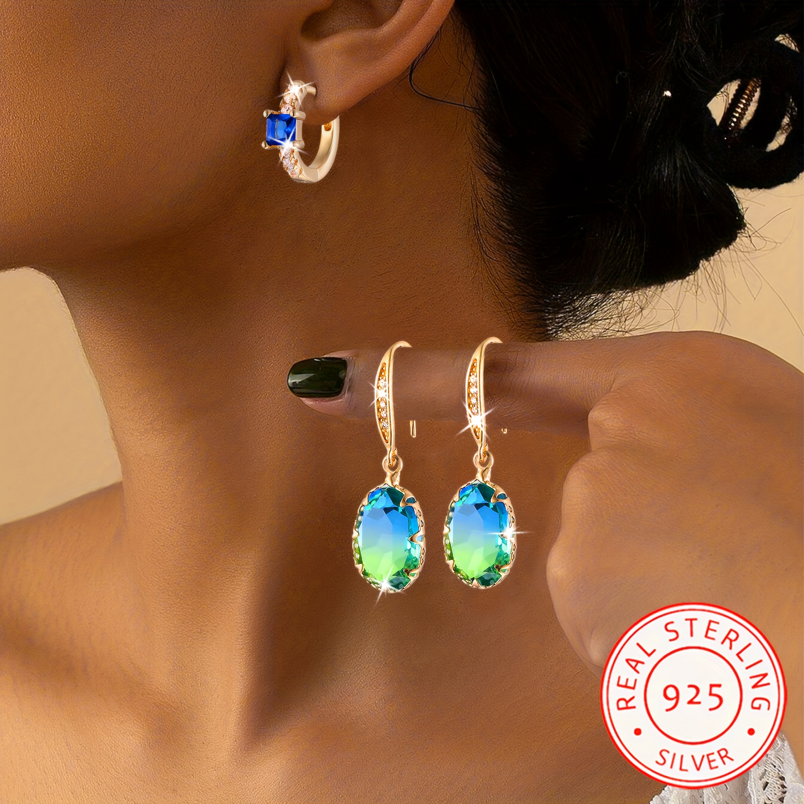 

2 Pairs Of 925 Sterling Earrings - Shiny Egg-shaped Opal, Multi-colored Options For Daily Wear And Parties Hypoallergenic, High Quality Fashion Jewelry Gifts