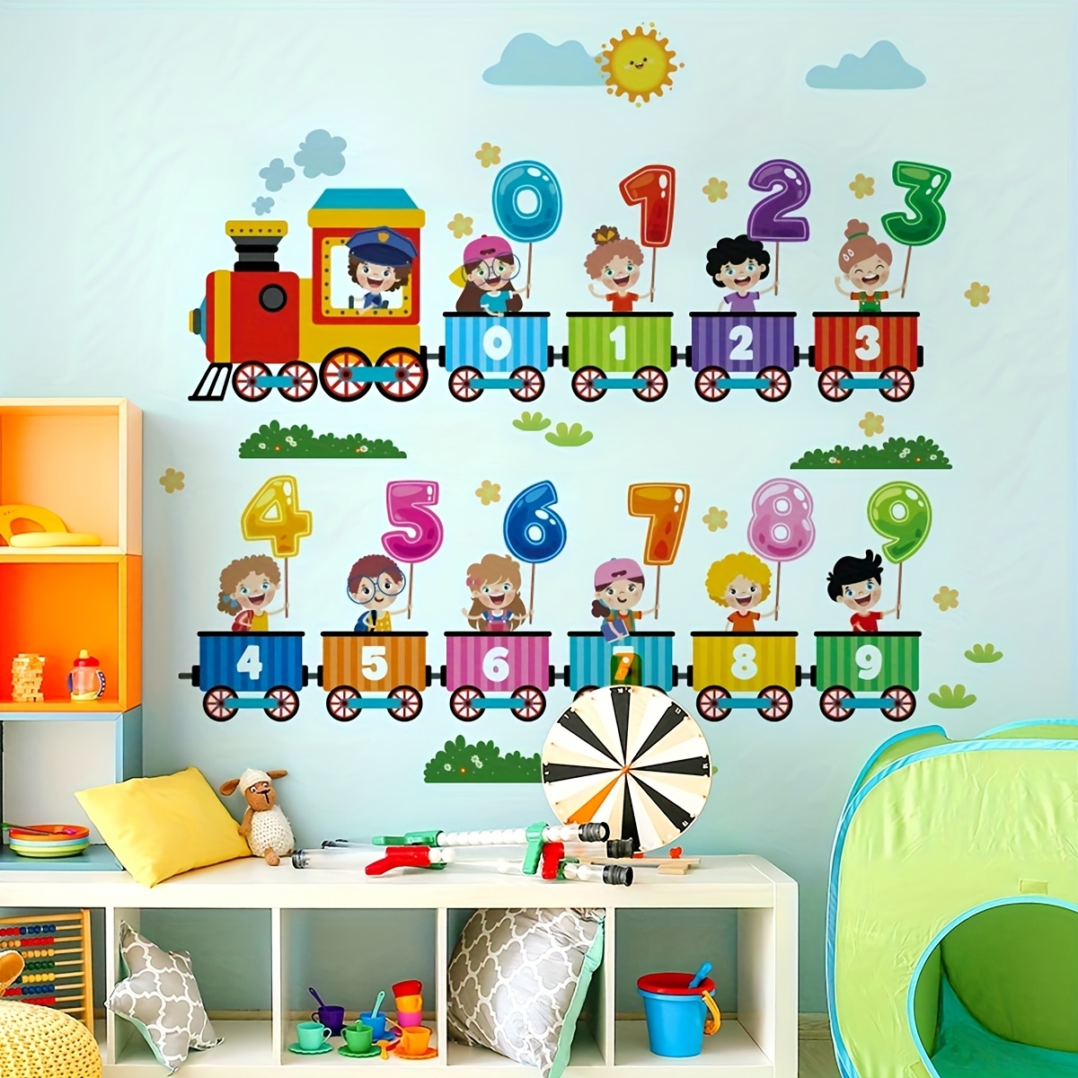 1pc Watercolor Train Wall Sticker - Removable Decal with Vivid Character Numbers Illustration, Semi- , Suitable for Bedroom, Living Room, and Game Room Decor