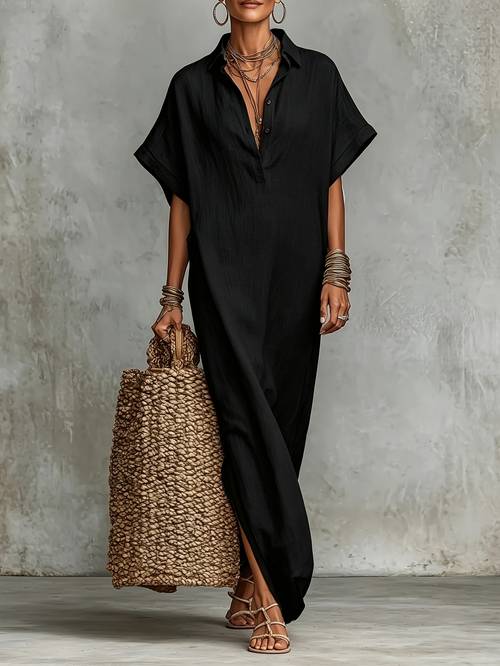 womens lapel loose long shirt dress breathable texture fabric vacation all match style sheer coverage casual easy design lazy style side slit long dress