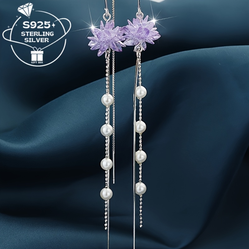 925 Silver Long Ice Flower Freshwater Earrings