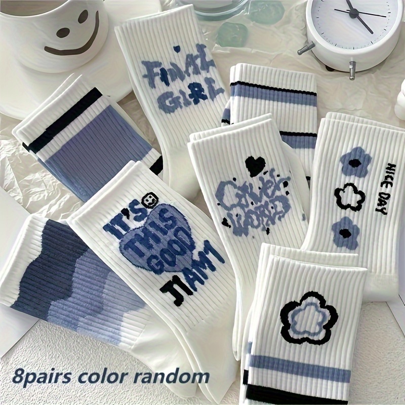 Image of 8 Pairs Of Color Random Teenage Teenager's Middle Tube Letter Stripe Cute College Style Versatile Long Tube Socks, For Teenager
