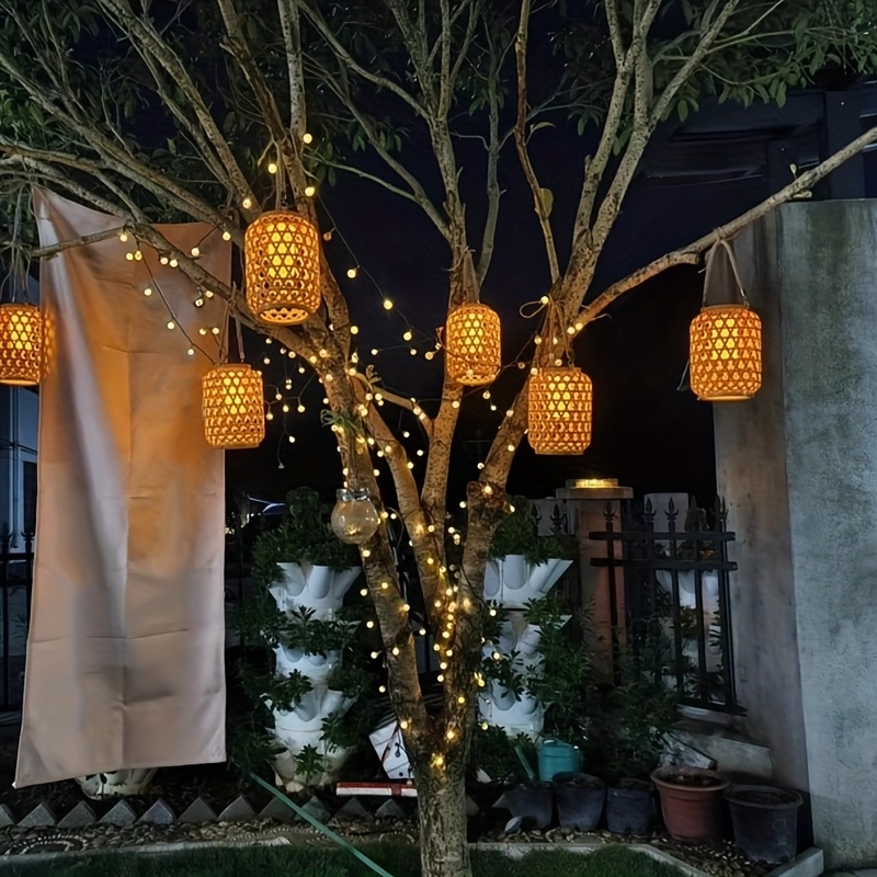 1 2 4pcs orange   bamboo woven lanterns outdoor solar hanging lights for lawn   balcony decoration semi embedded   landscape lighting for exterior use 0