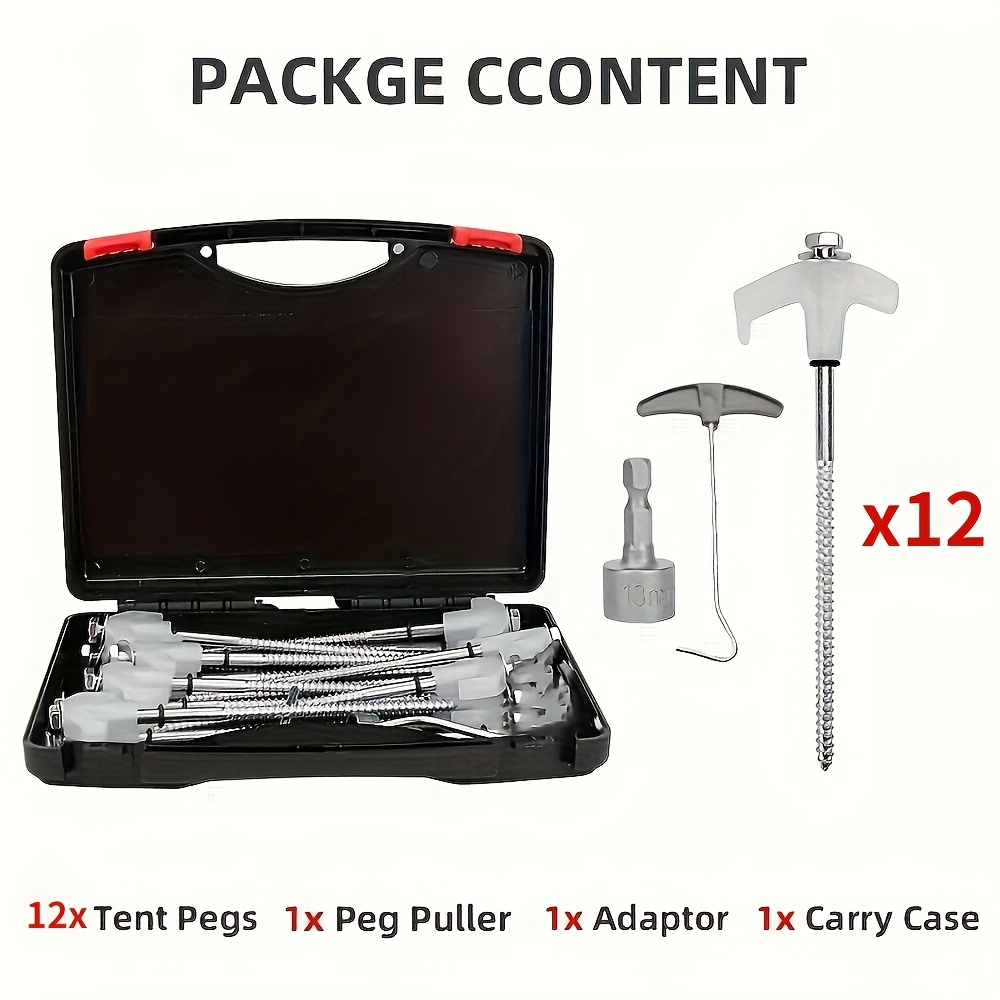 TEMU Heavy Duty Camping Stakes Set - Durable Screw-in Tent Pegs With Hex Head Driver & Storage Box - Dark Growth For Secure Ground Anchoring