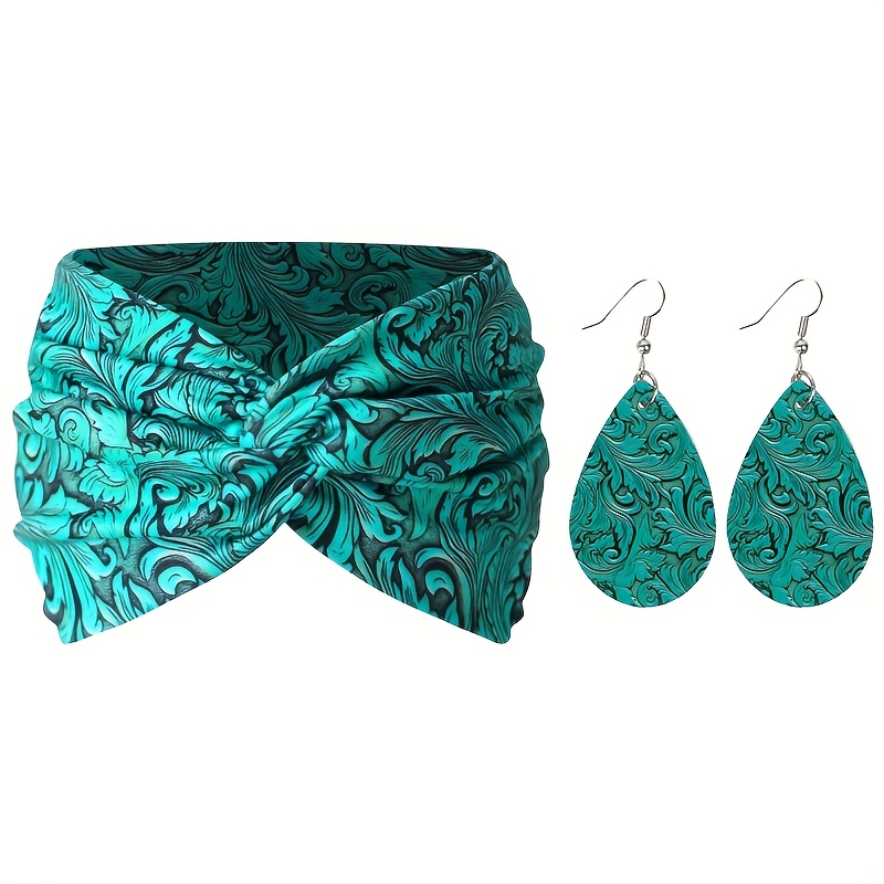 E-shop 2er-Set Western-Cowboy-Stil bedrucktes breites Stirnband Ohrringe Set, modisches Haarband Ohrringe für Damen zum täglichen Tragen