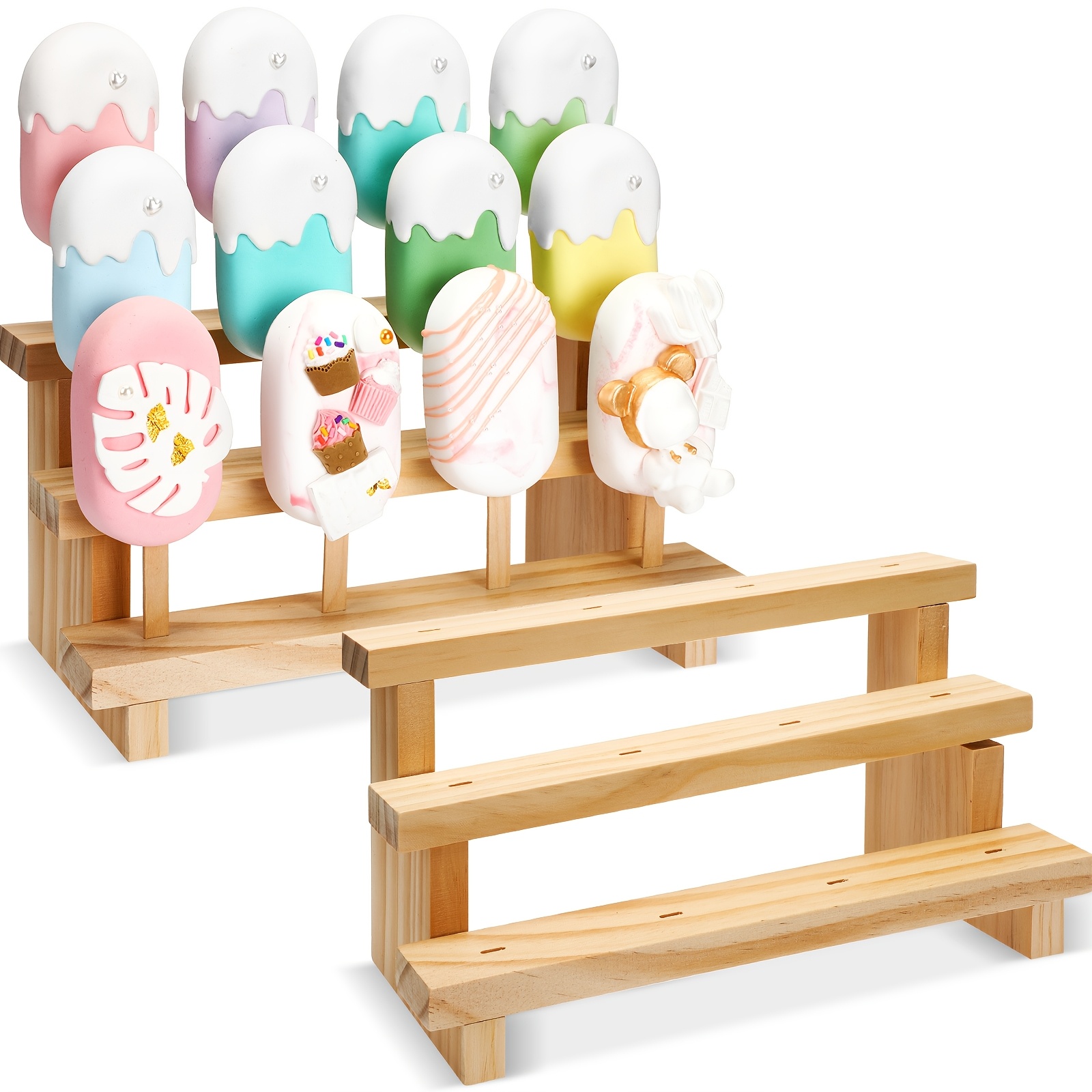 TEMU 2pcs Wood Cakesicle & Lollipop Stand - 3-tier 12-hole Display Shelf With Wood For Wedding, Birthday Party, Baby Shower - Popsicle Holder For