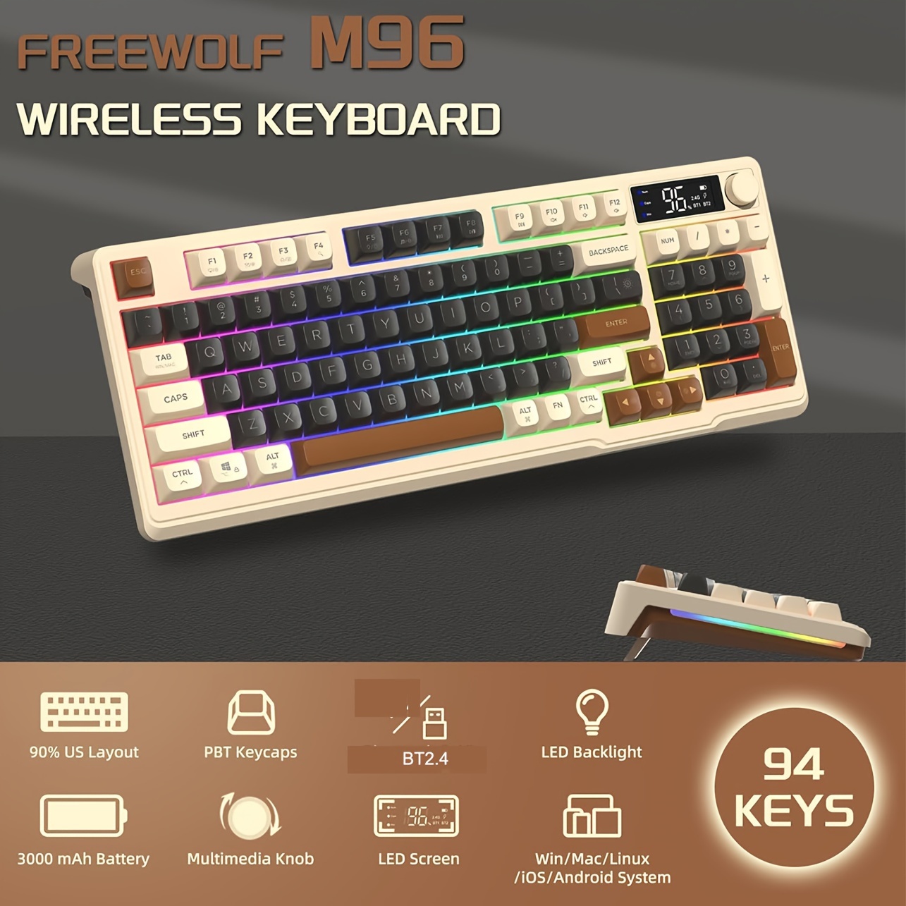 

M96 Wireless , Bt/2.4g Wireless Mechanical Feeling , Rgb Led Display , Pbt Keycap, 2000mah, 94-key For Win, Mac