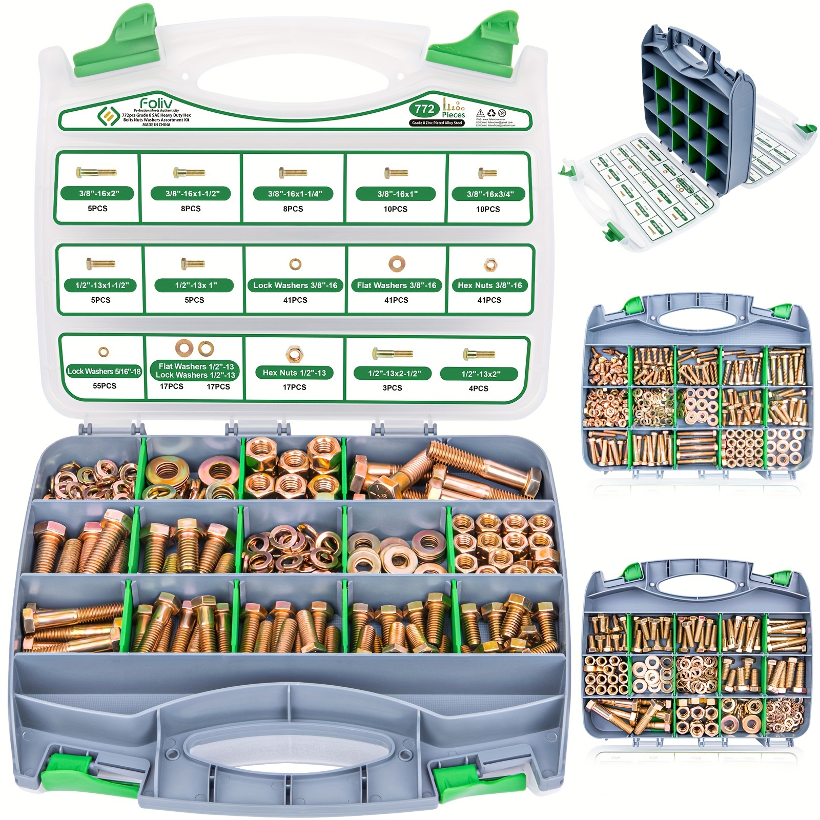 

772pcs Grade 8 Bolt Assortment Kit, Heavy Duty Bolts And Nuts Kit, 1/4-20 5/16-18 3/8-16 1/2-13 Sae Sizes Included (upgraded Package)