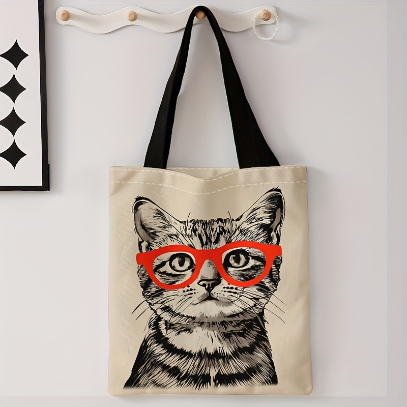

1pc Chic Black Cat With Tote Bag - Polyester, Double-printed Design, Reusable Shopping & Casual Bag With Handles, Bag|artistic Tote Bag| Construction, Cat Purse