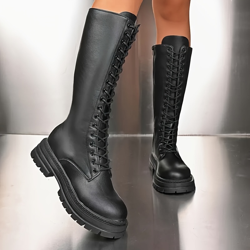 womens comfortable   calf boots with lace up closure   and white options rubber sole block heel everyday footwear stylish footwear   boots rubber sole boots