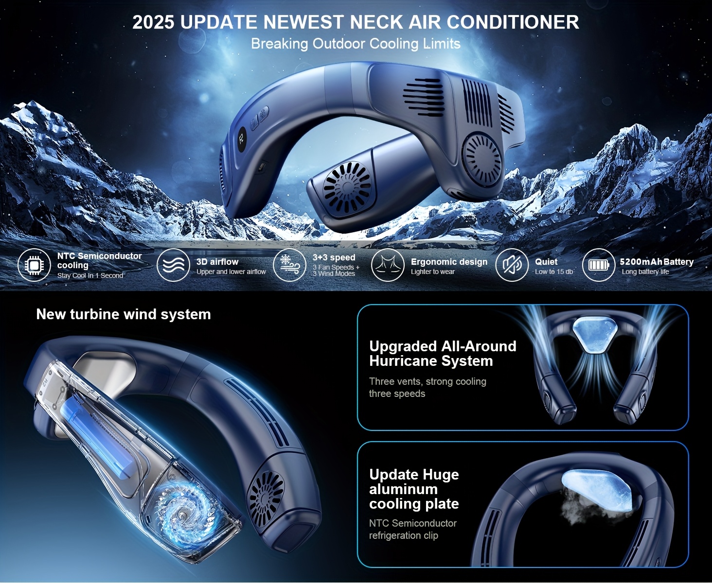 Upgraded 5200mAh neck air conditioner fan, ultra-light portable rechargeable neck fan, personal cooling device neck fan, cooling, 3-speed fan adjustable, LED digital hands-free fan suitable for kitchen, fitness, travel, camping, work | Fashion gift
