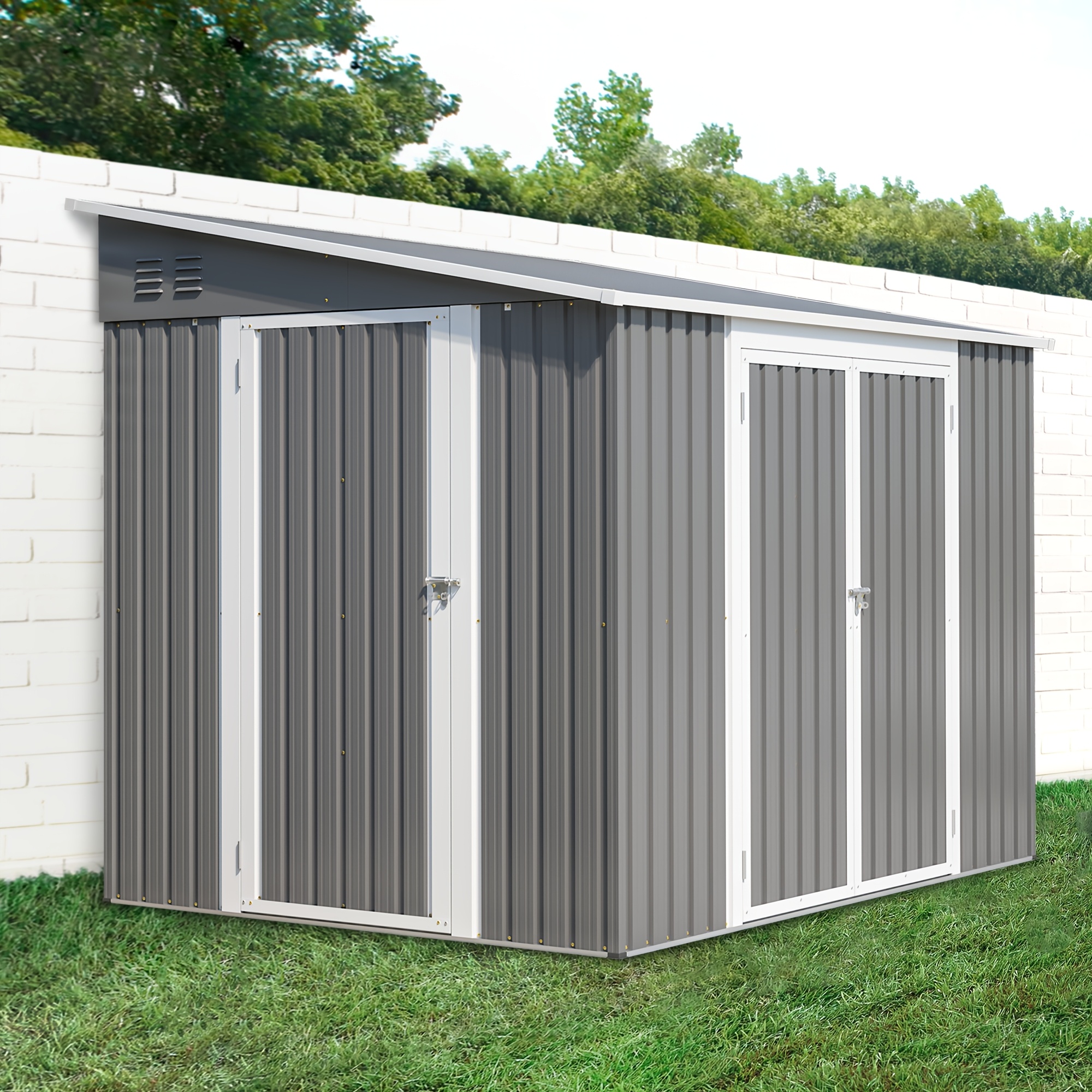 E-shop Schlankes Gartenhaus zur Aufbewahrung im Freien, Werkzeughaus mit abschließbaren Doppeltüren und verstellbaren Seitentüren, 8X6Ft Wetterfestes
