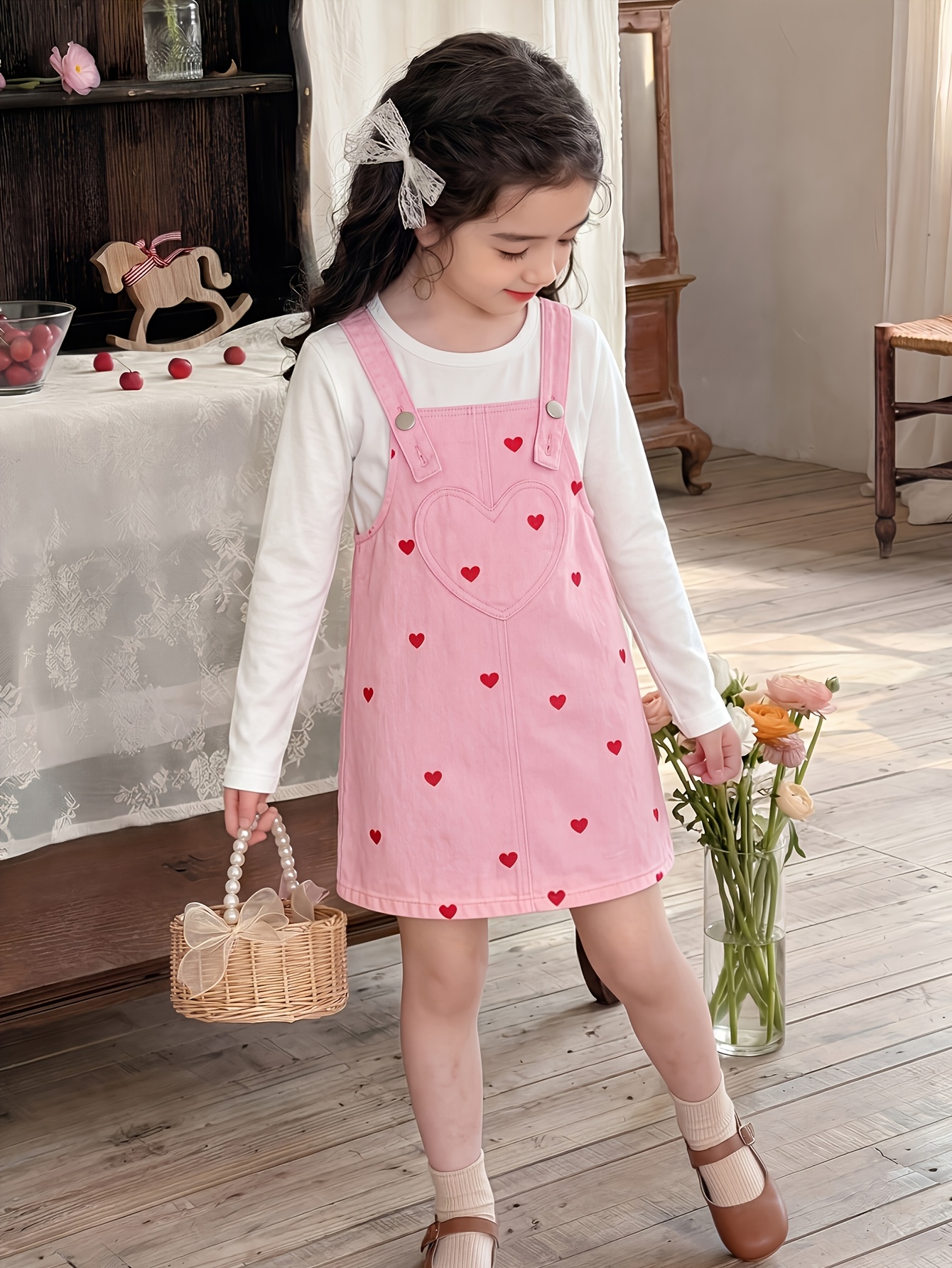 girls heart print denim pinafore dress pink denim skirt