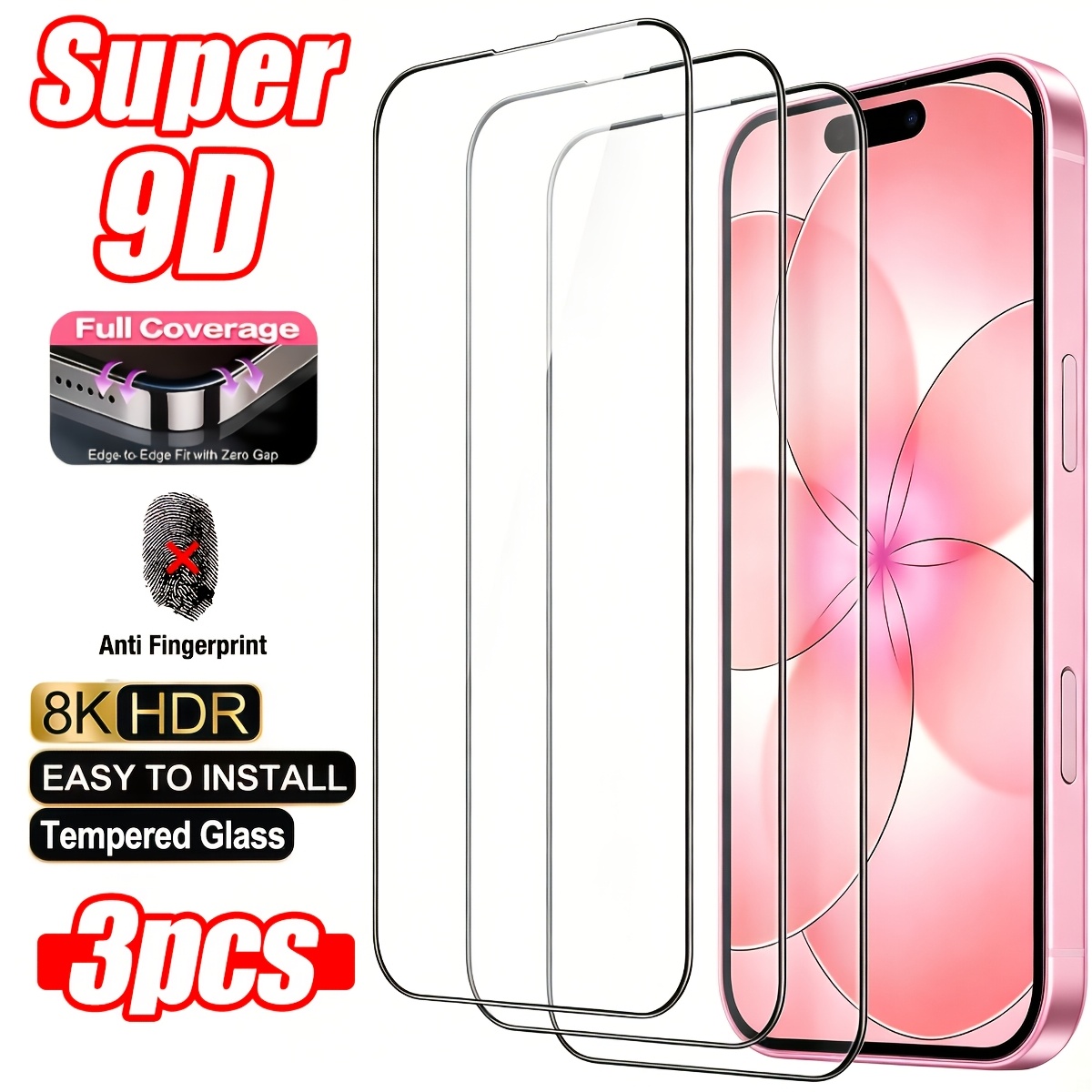Image of 3pcs 9d Hd Tempered Glass Film With Installation Kit, 9h Hardness Anti-scratch Anti-fingerprint Full Screen Protector, Fit 17 Pro Max/ 17 Air/ 17 Pro/ 16 Pro Max/ 16/ 15/ 14/ 13/ 12/ 11/ X Series