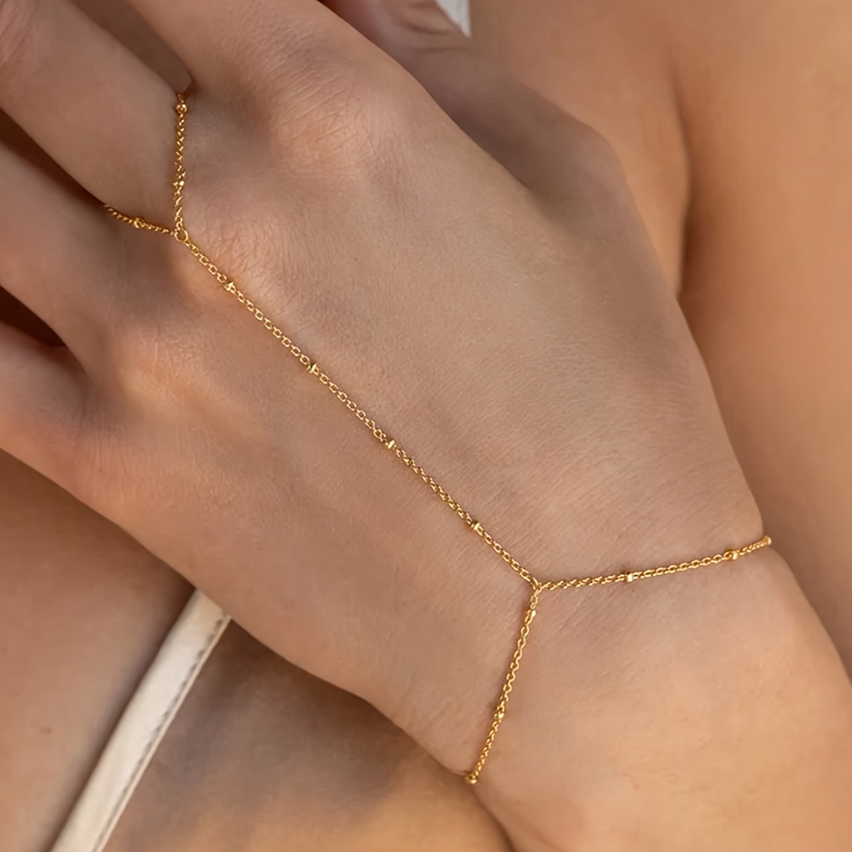 Image of Beaded Hand Chain Bracelet For Women Ring Bracelet Hand Chain Stainless Steel Jewelry Gifts