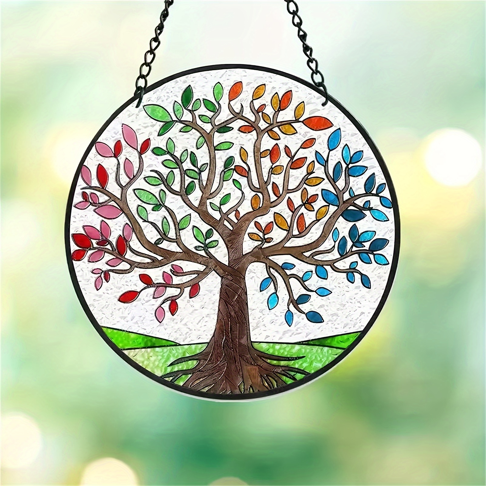 Peacock Round Stained Acrylic Window Hanging Panels Plants Flower Indoor