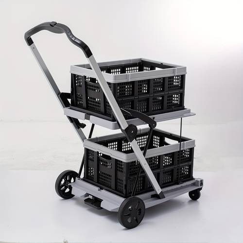 collapsible gray shopping cart with 360 swivel wheels dual storage crates adjustable portable utility trolley for office camping and food delivery food delivery trolley foldable design sturdy rolling storage cart