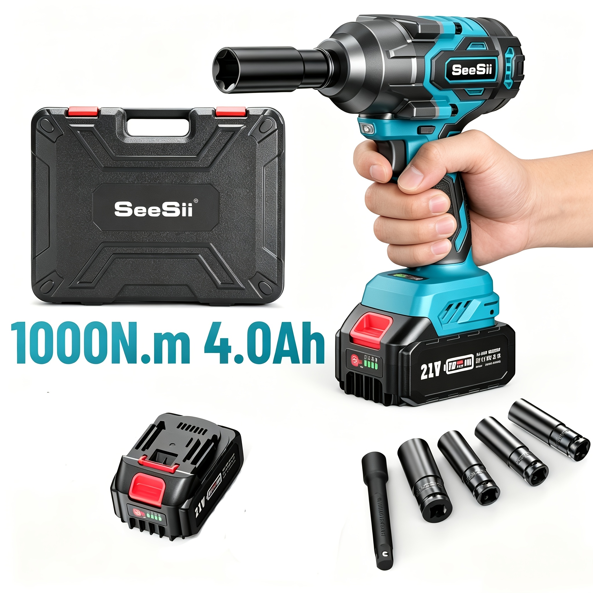 Seesii 1000n.m Brushless Cordless Impact Wrench 1/2'' Drive, Wrench With 2*4000mah Batteries & Fast Charger, 5 Sockets Included, Heavy-duty For Car Tire Change &