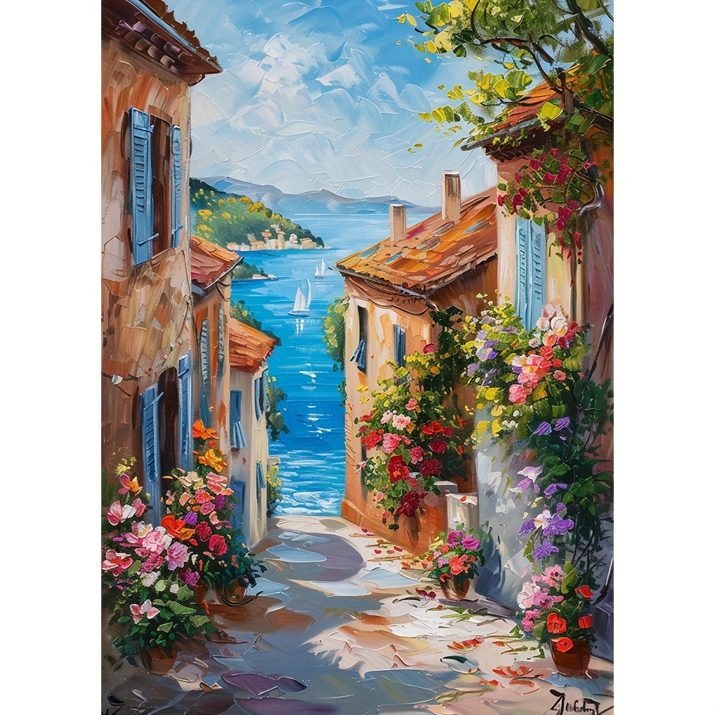 

1pc 30x40cm/11.8x15.7inches Without Frame Diy Large Size 5d Diamond Art Painting Seaside Town Full Rhinestone Painting, Diamond Art Embroidery Kits, Handmade Home Room Office Wall Decor