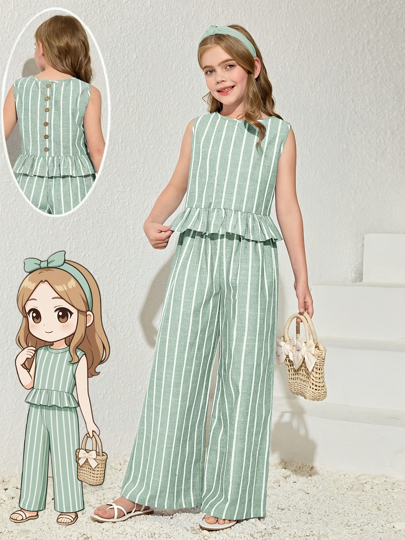 A Two-Piece Set for Girls Featuring a Sleeveless Striped Top And Straight-Leg Pants, Perfect for Summer Leisure Activities, for Outdoor