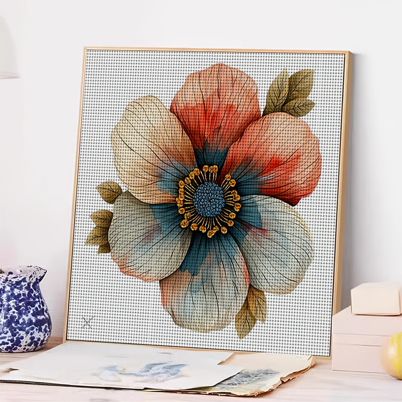Cross-Stitch Printed Kit, Watercolor Red Blue White Flowers Pattern